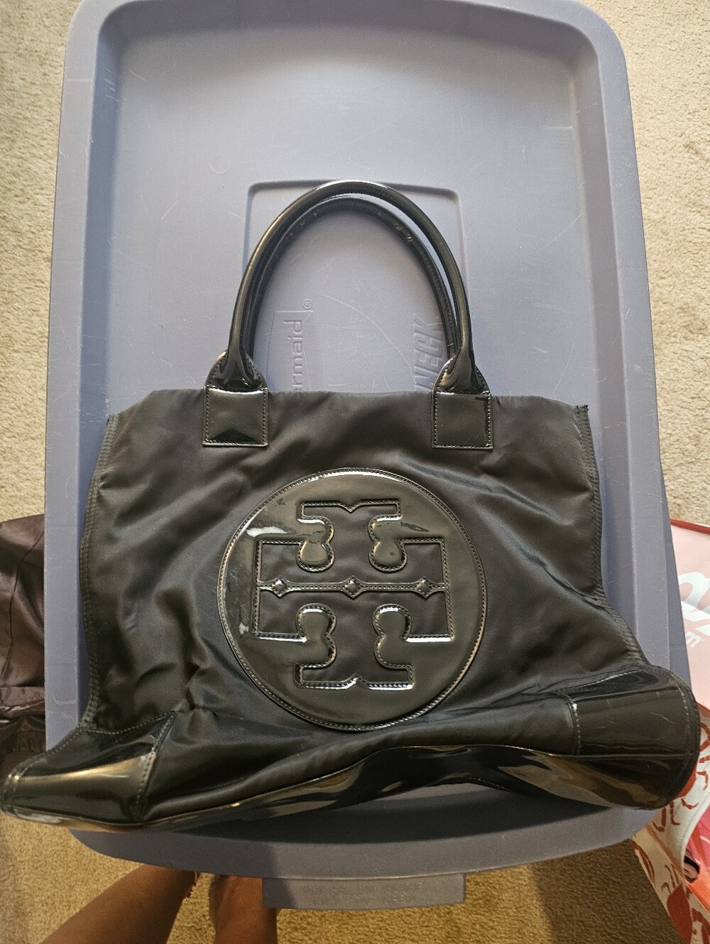 Tory Burch Black Patent Tote with Nylon Upper